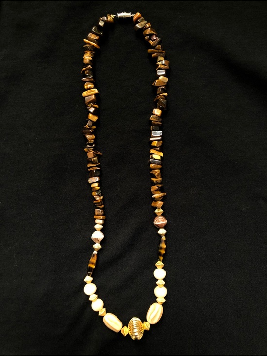 Vintage Jewelry - Tiger Eye, Gold and Cream Beaded Necklace